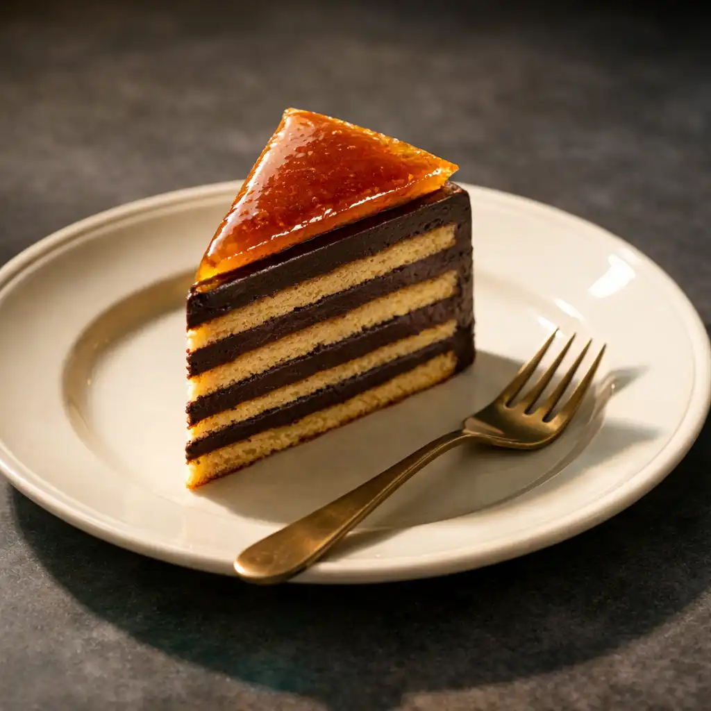 Dobos torta szelet karamellfedéllel, krémszínű tányéron