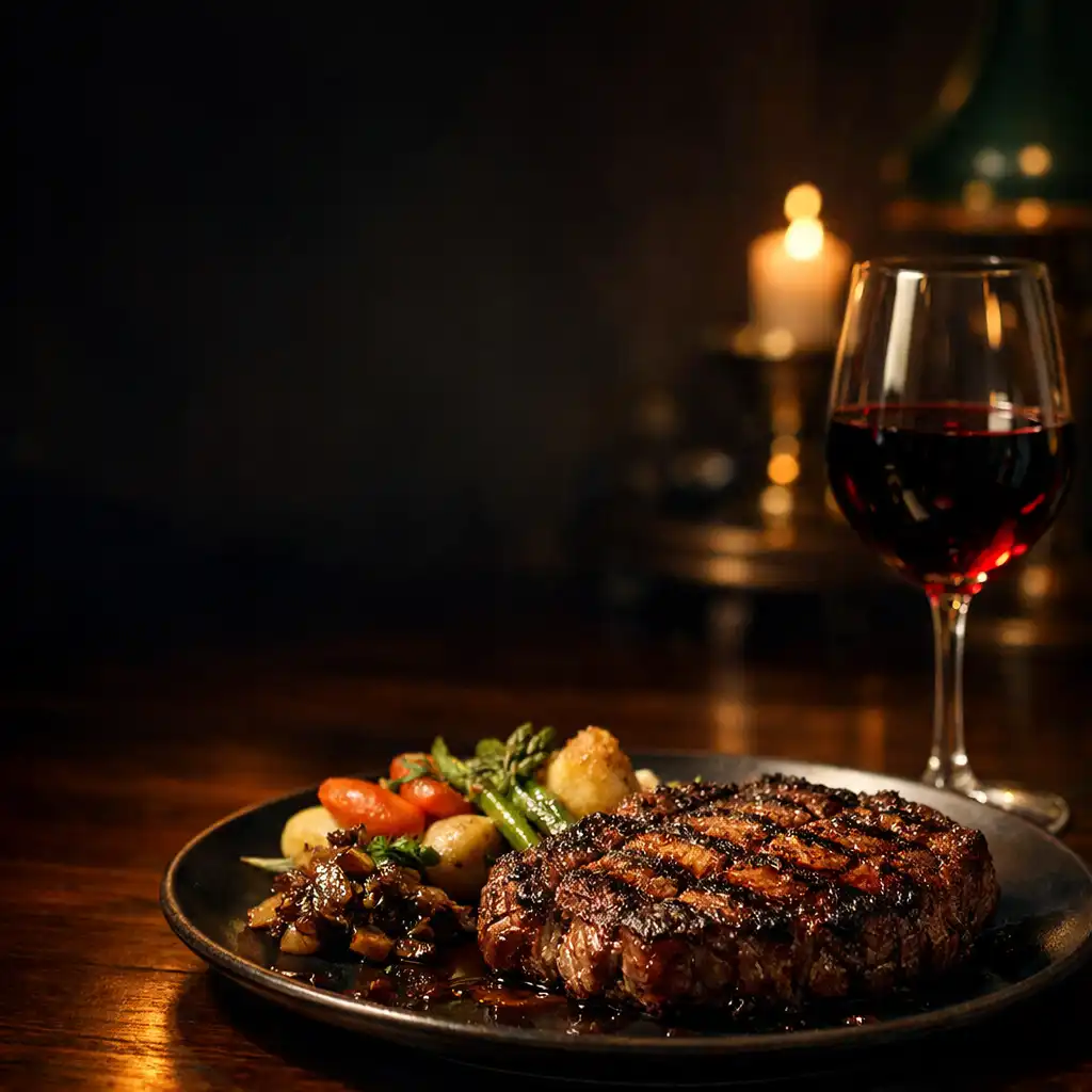 Grillezett steak vörösborral egy elegáns sötét éttermi asztalon