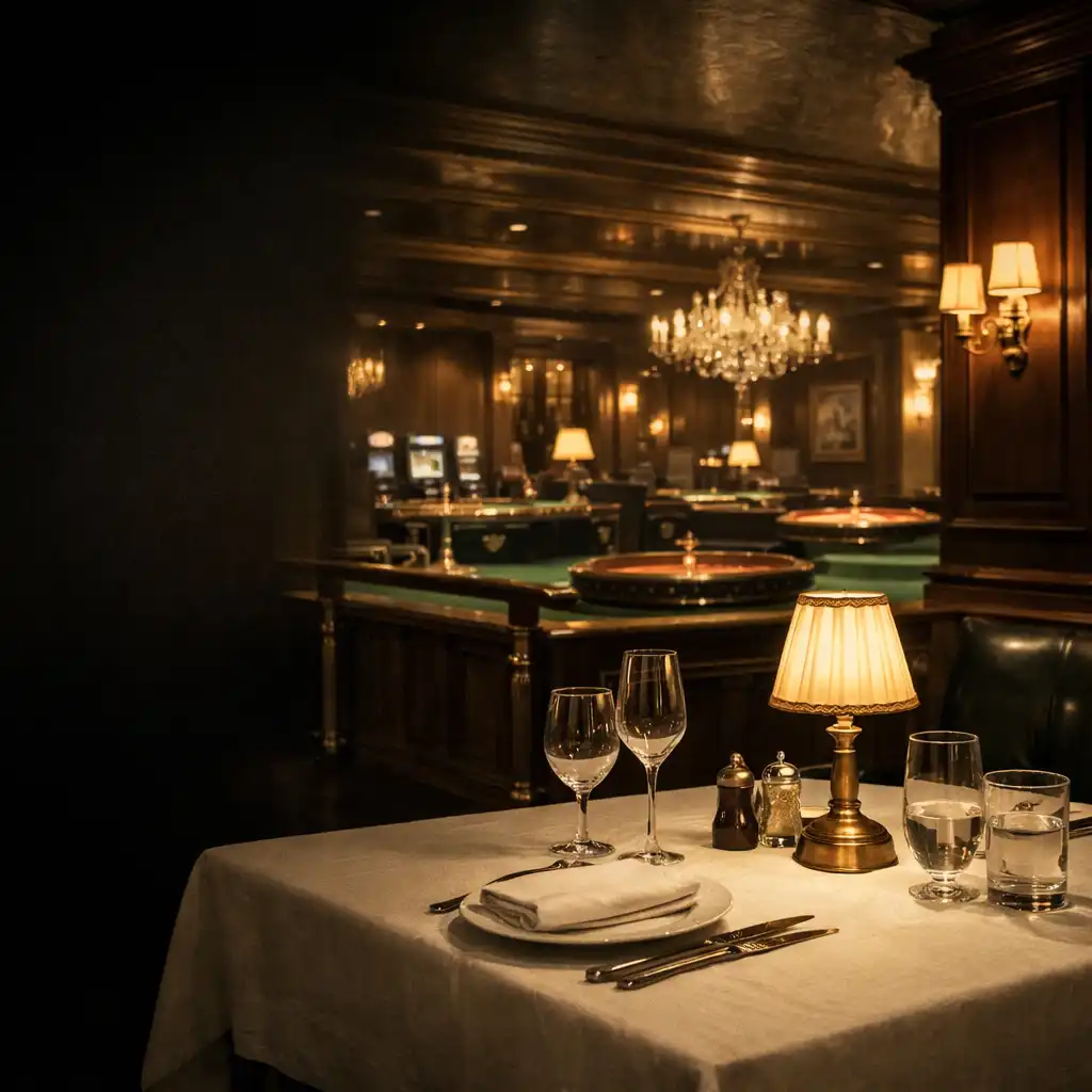 Terített éttermi asztal meleg lámpafénnyel, mögötte a Savory Tablle loungeának emerald tónusú mélysége