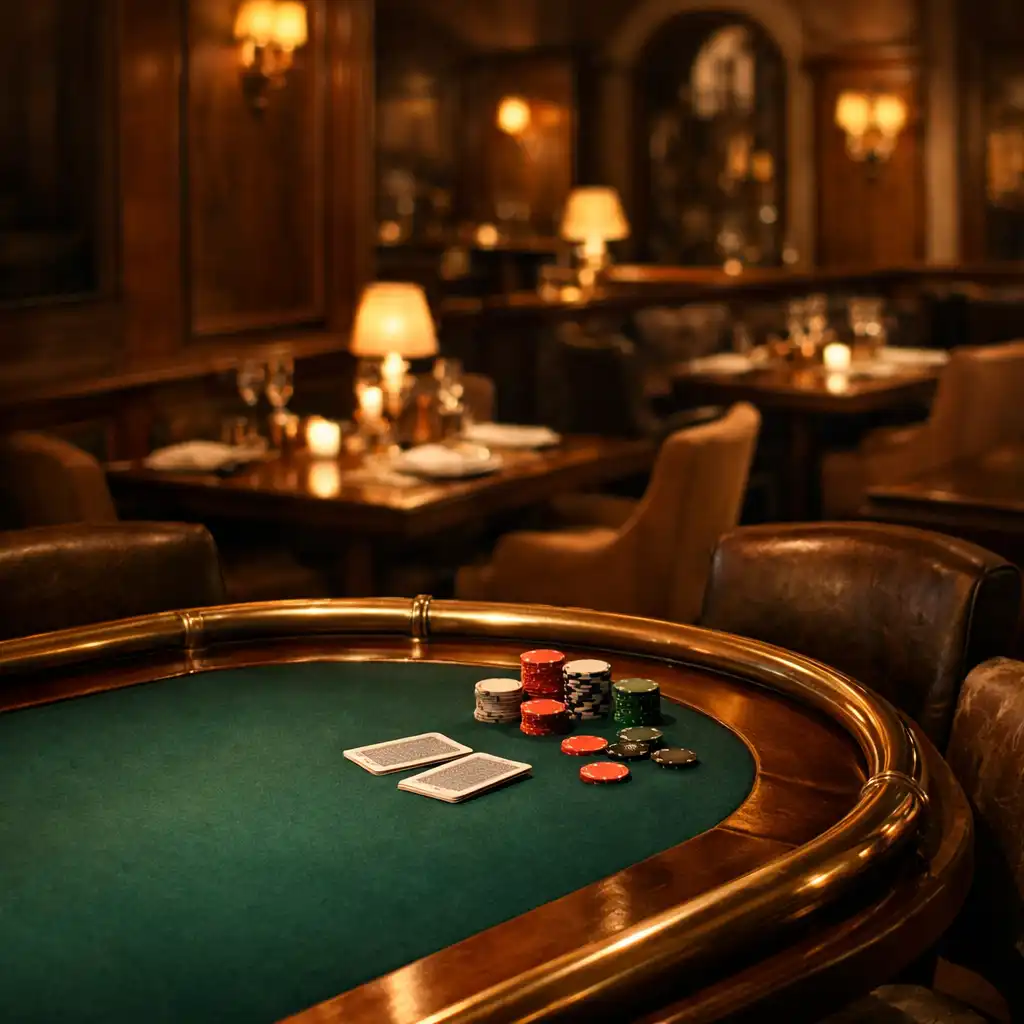 Elegáns kaszinói lounge emerald filcasztallal, brass részletekkel és meleg éttermi fényekkel