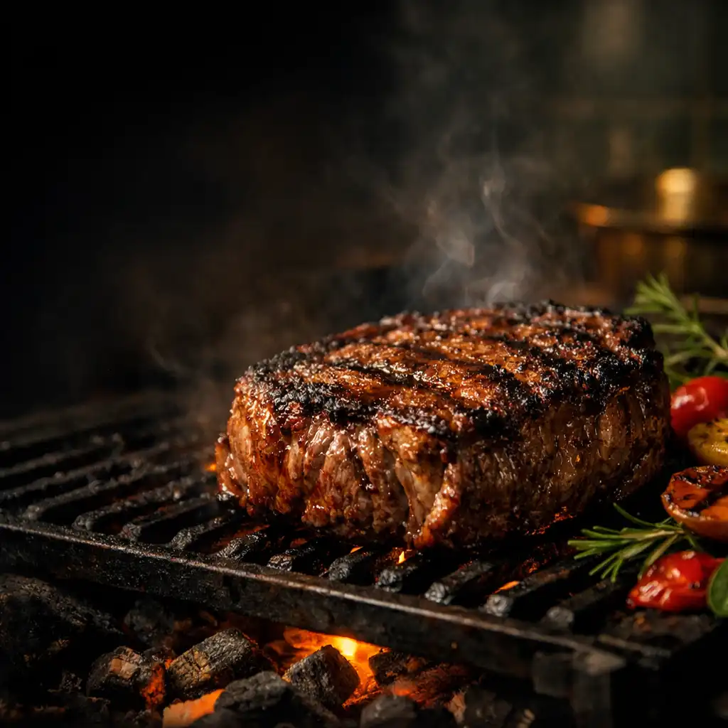Parázs fölött pihenő, kérgesre grillezett steak