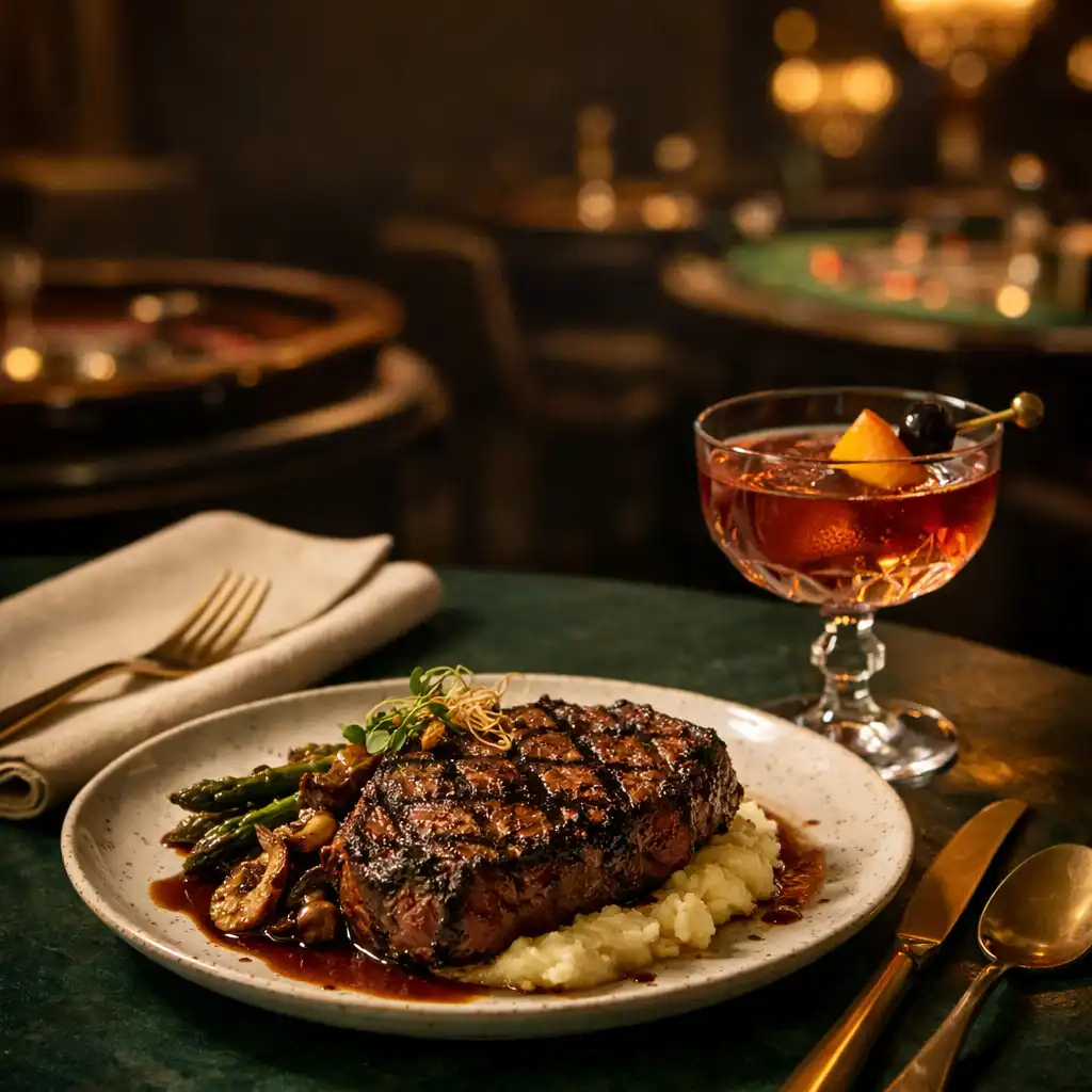 Grillezett steak és elegáns koktél emerald asztalfelületen, meleg esti fényben